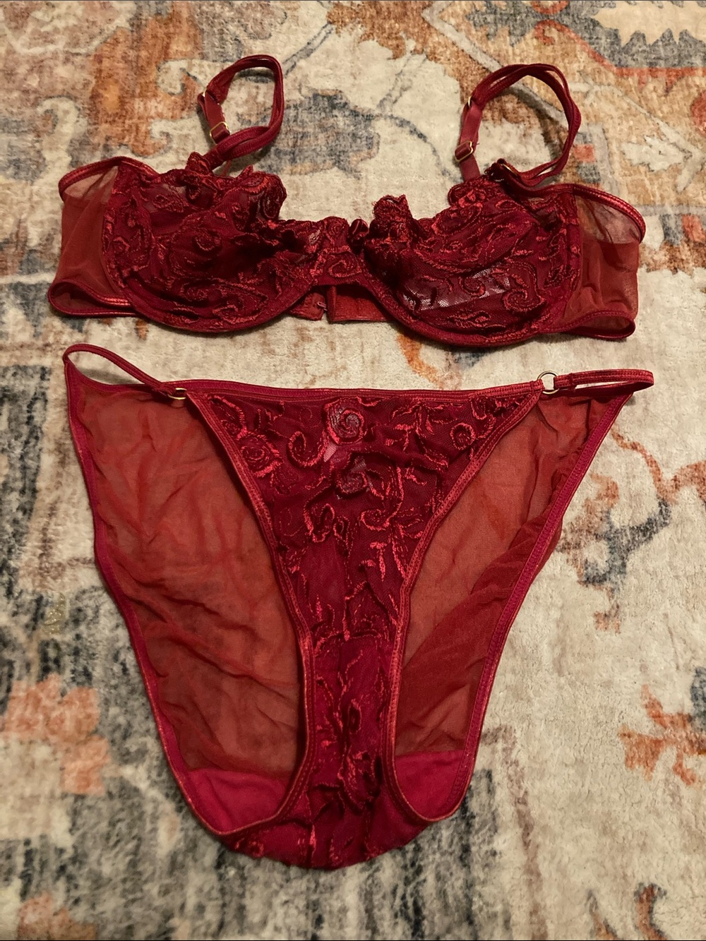 Secret Treasures Sheer Red Embroidered Bra & Panty Set